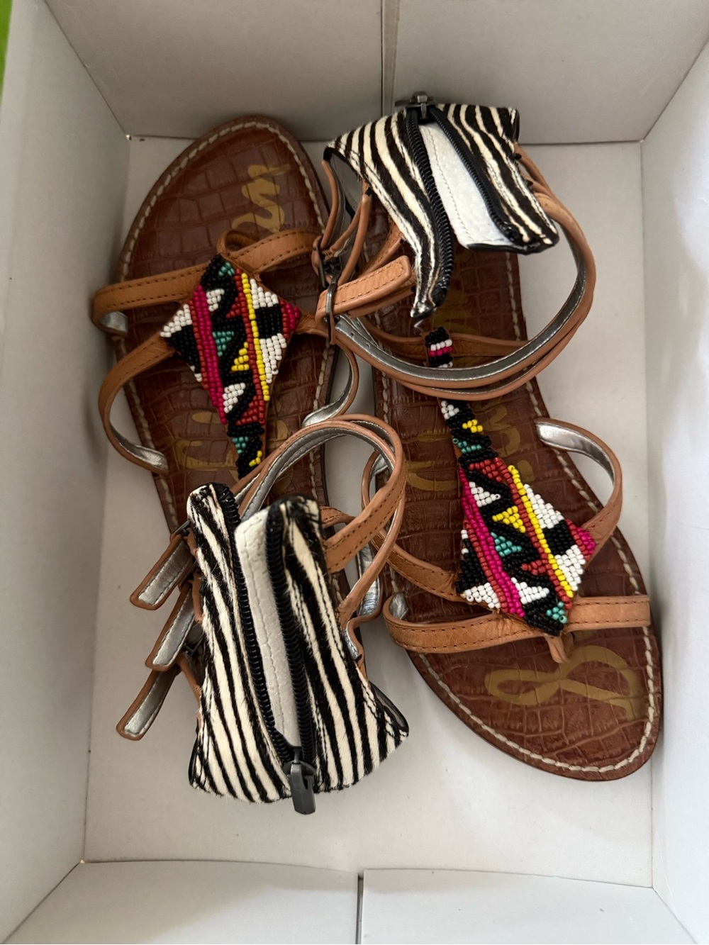 Sam Edelman Tan Beaded T-Strap Sandals with Multicolor Embellishment